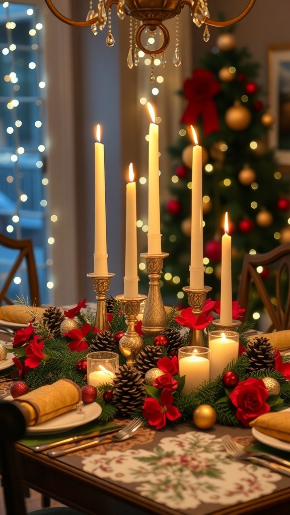 An elegant Christmas table setting with candles, flowers, and ornaments, set for a festive meal.